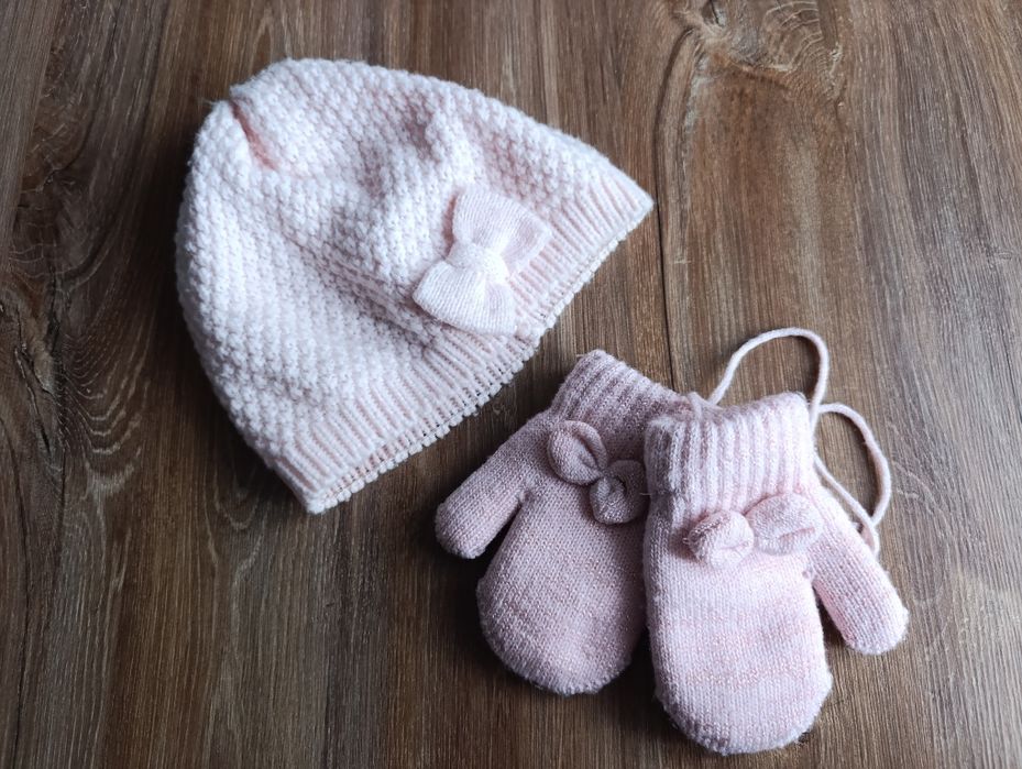 Różowy zestaw zimowy 92 104 kokardki czapka nowe rękawiczki
