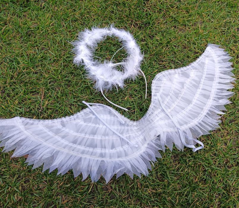 Piękny zestaw Anioł skrzydła tiulowe świecące i aureola