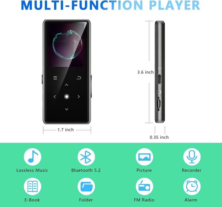 MP3-плеєр 64ГБ з Bluetooth, динаміком та FM-радіо з диктофоном та навушниками