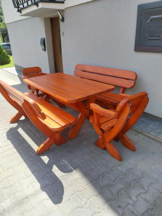 Ogrodowe meble drewniane + metal ocynk stół 2 ławki 2 fotele zestaw