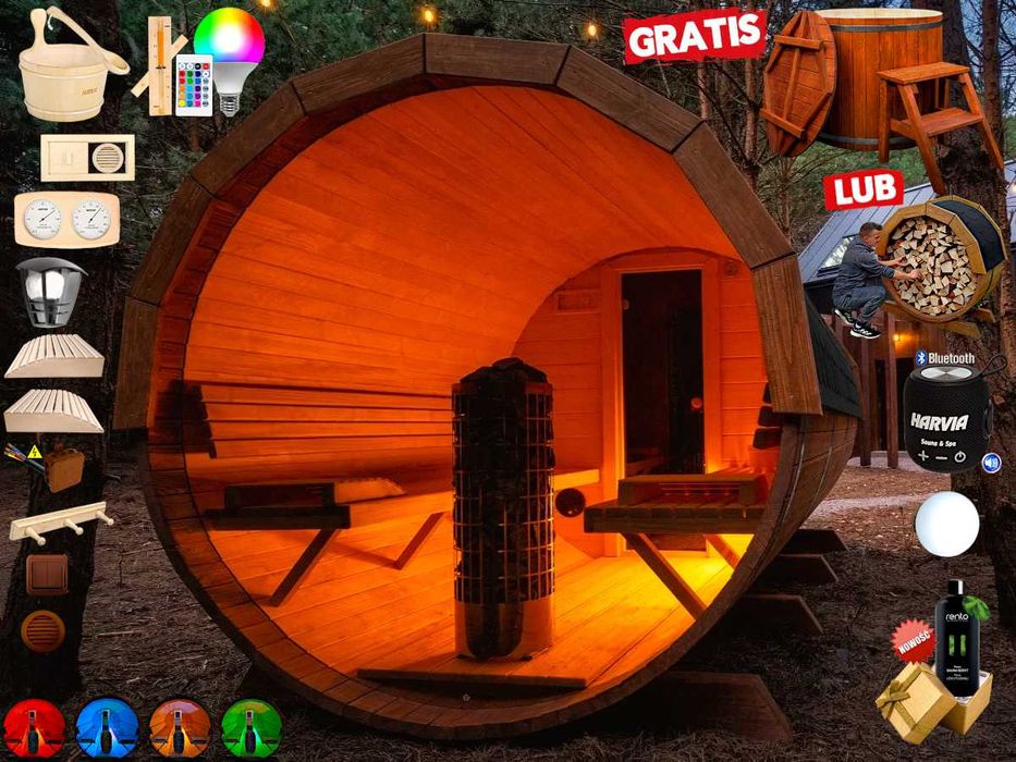 SAUNA Ogrodowa 400 cm + OKNO 100% + PRZEDSIONEK + GRATIS Beczka 500L +