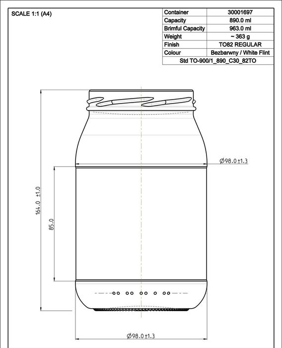 Słoik 900/1  fi82 / 1463 sztuk / ilości całopaletowe /