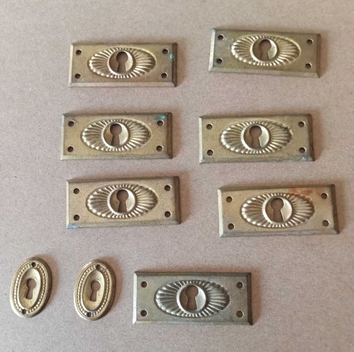 Okucia meblowe, mosiądz, 7 szt. prostokątne/ 2 sztuki owal