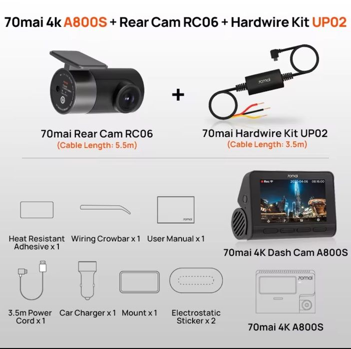 Відеореєстратор 70mai Dash Cam A800S + задня камера 4к