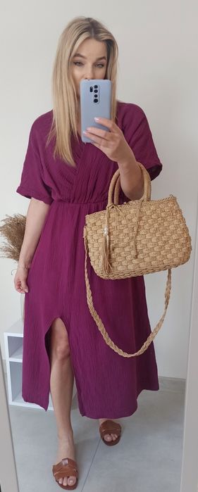 Sukienka muślinowa bawełna śliwkowa uni kopertowa midi