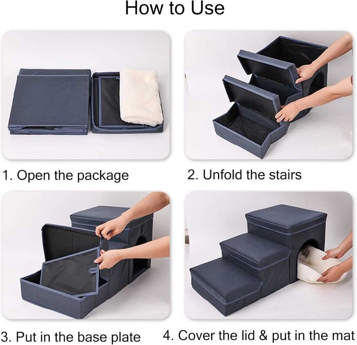 3-stopniowe schody dla psów z domkiem oraz miejscem do przechowywania