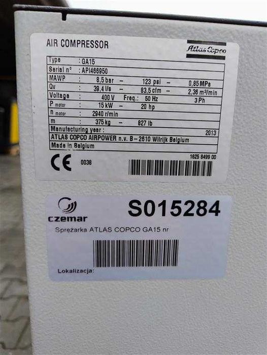 Sprężarka śrubowa ATLAS COPCO GA15, 15kW, 2.36m3/min, S015284