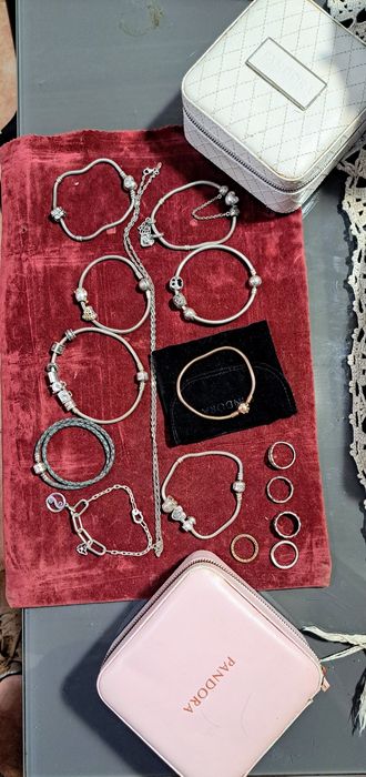 Pandora pratas lote pulseiras aneis e fio.