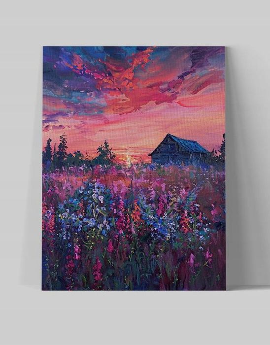 Obraz na płótnie "Zachód Słońca nad Kwiatowym Krajobrazem" 90x120 cm