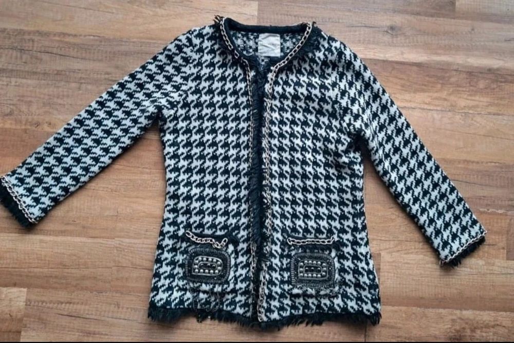 Marynarka wełniana kratka S 36 w pepitkę czarno biała boho vintage