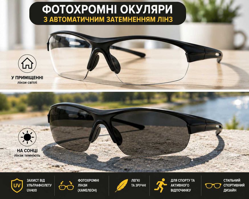 Якісні спортивні фотохромні окуляри дешево