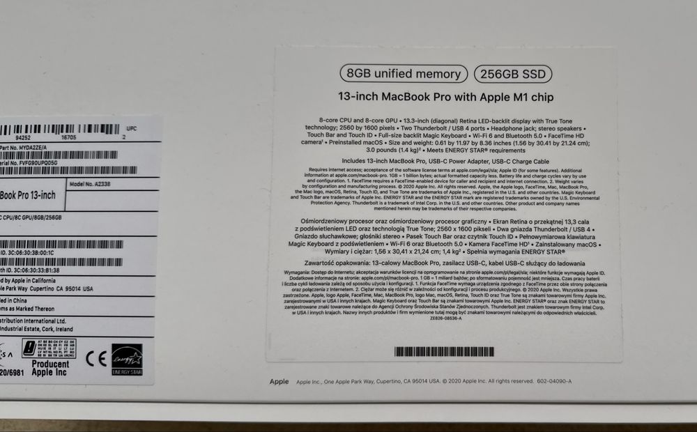 MacBook Pro 13" M1, 8GB RAM, 256GB SSD – Stan super, pełen komplet