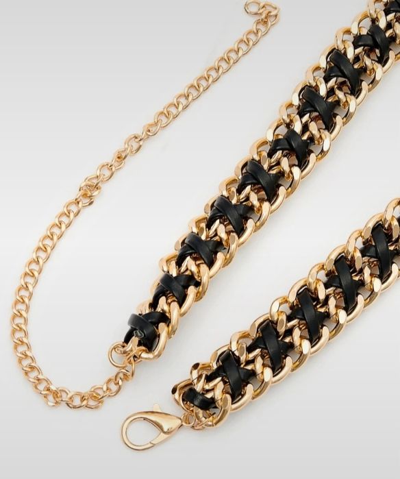 Pasek ozdobny taliowy łańcuszek pleciony czarno-złoty