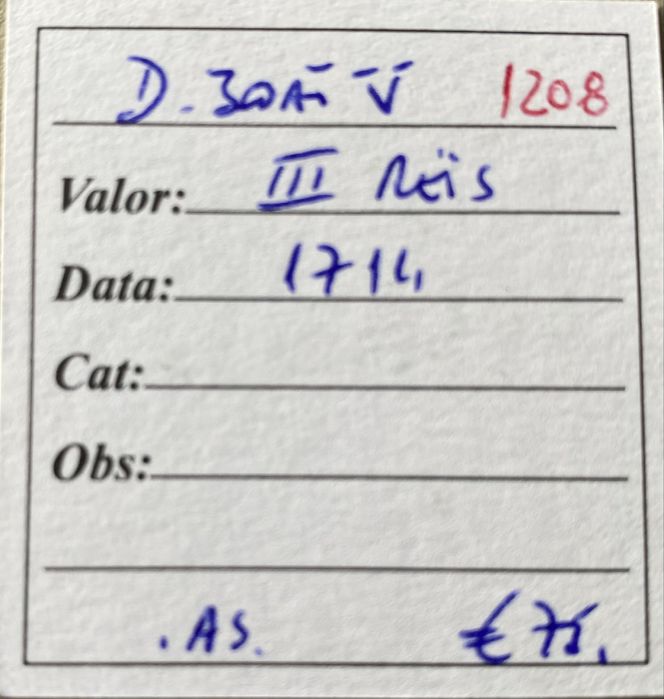 Moeda 1208 - D. JOAO V - III Reis 1714