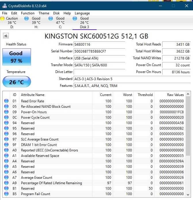 SSD 2.5 512Gb Sata Kingston SKC600512G 3D TLC NAND