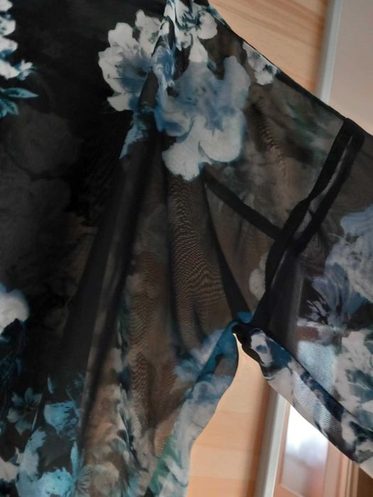 elegancka zwiewna tunika granat błękit kwiaty rozm ok UK 18-20