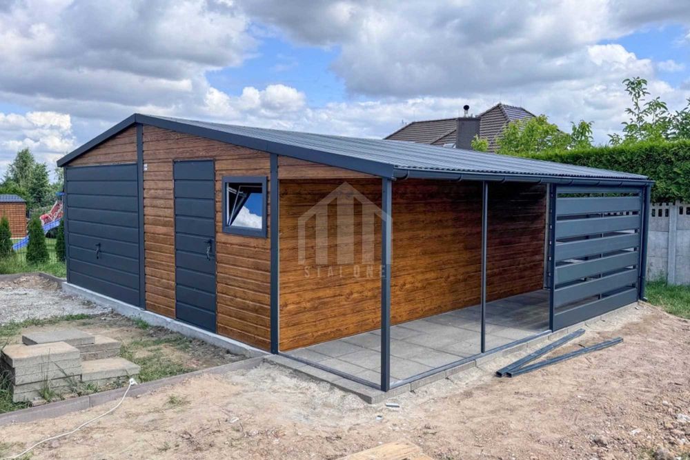 Garaż blaszany 6,5x6m + wiata 2,5m - brama drzwi okno rynny SO121