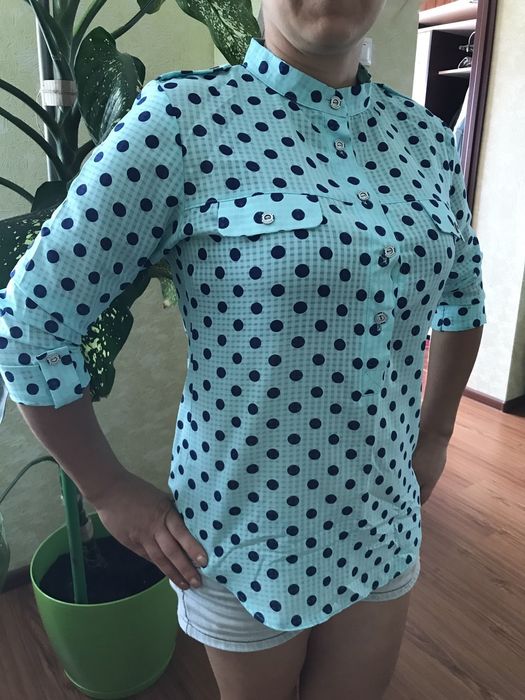 2 Блузи шифона в горох,колір бірюза і в полоску