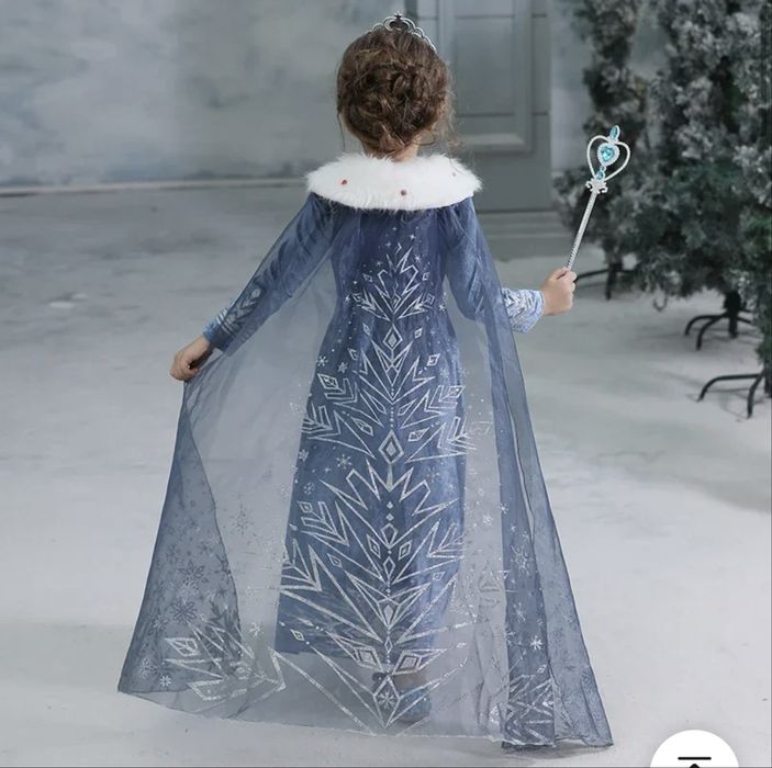 Плаття Ельзи костюм сукня Ельза синє зимове довге з коміром сніжинка