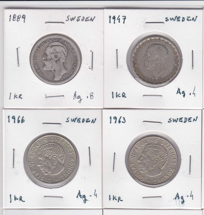 44 moedas Suécia de diversas datas e metais incluindo 20 em prata