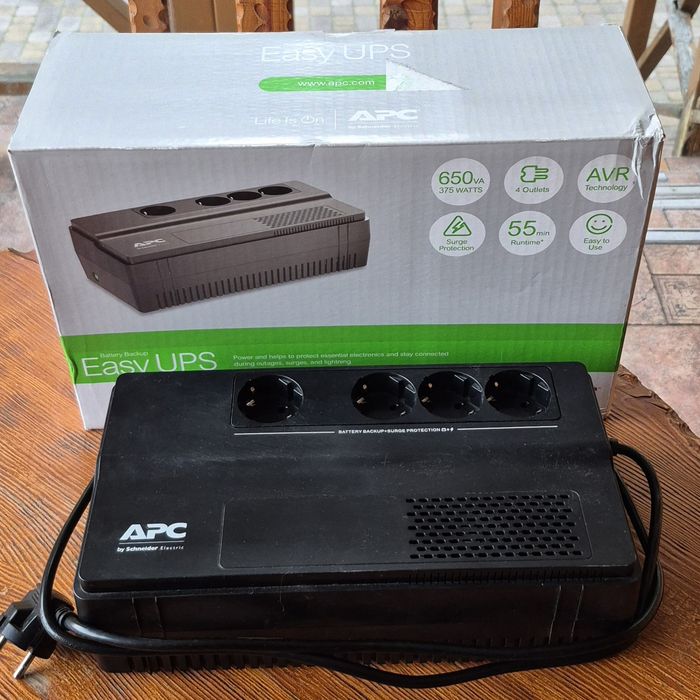 Джерело безперебійного живлення APC BV650I-GR 650 VA/375 Вт — резервне живлення, AVR-стабілізація захист техніки та 4 розетки Schuko для дому й офісу