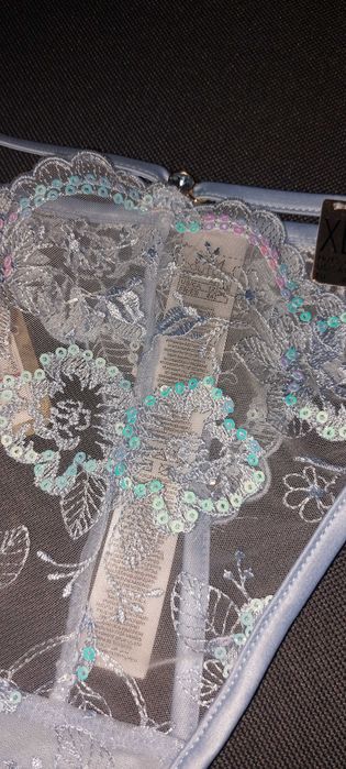 Komplet stanik prześwitujący stringi niebieski brokat 85E XL NOWY!!