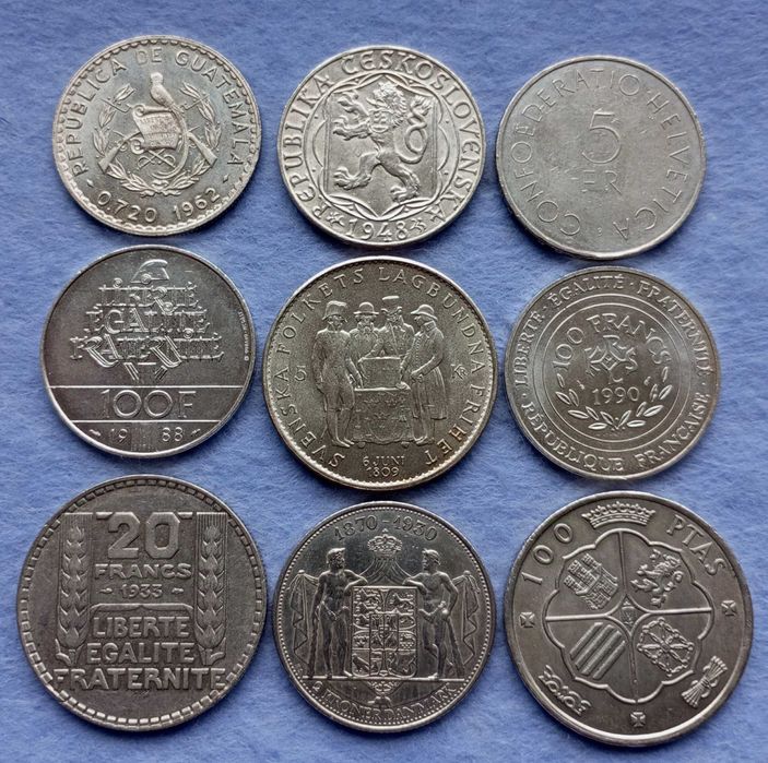 Срібні монети 100 крон 1948, 5 франків 1963, 50 сентаво 1962, 100 франків, 100 песет 1966,  штемпельний блиск