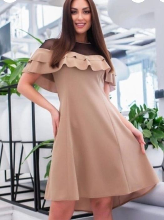 Платье миди с воланами на плечи и сеткой беж XL из плотной ткани