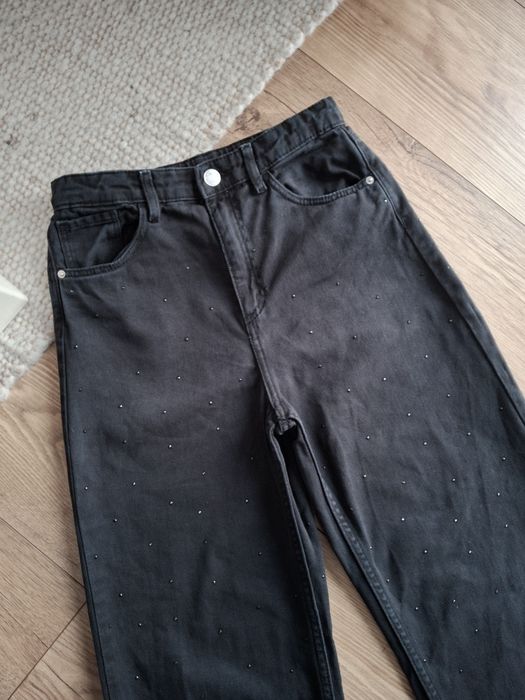 152cm, H&M spodnie wide leg, szerokie jeansy z kryształkami, szwedy