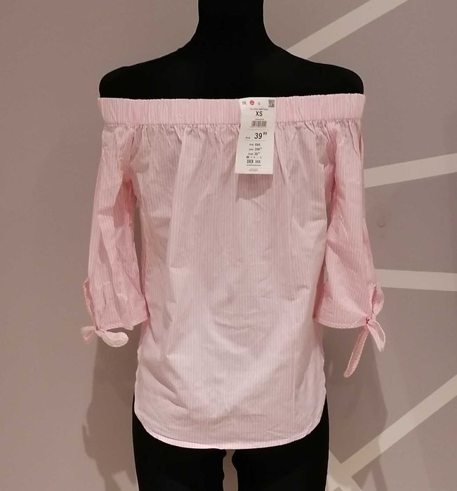 Bluzka hiszpanka, off shoulder, różowa, wiązania, paseczki