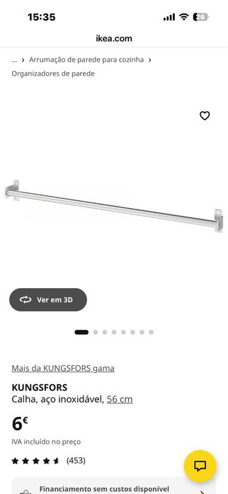 Calha de metal/ Toalheiro KUNGSFORS do Ikea