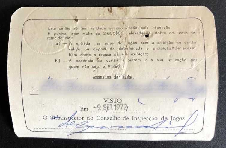 Cartão zona de jogo casino Figueira da Foz 1972