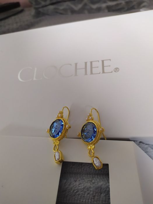 Kolczyki vintage retro postarzane wiszące kolor niebieski złoty