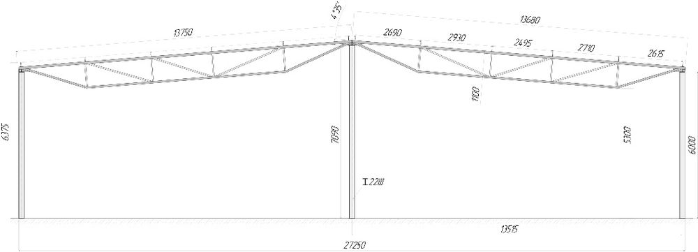Ферма металева 13.5м, Ангар 13.5м × 42м, склад, навіс