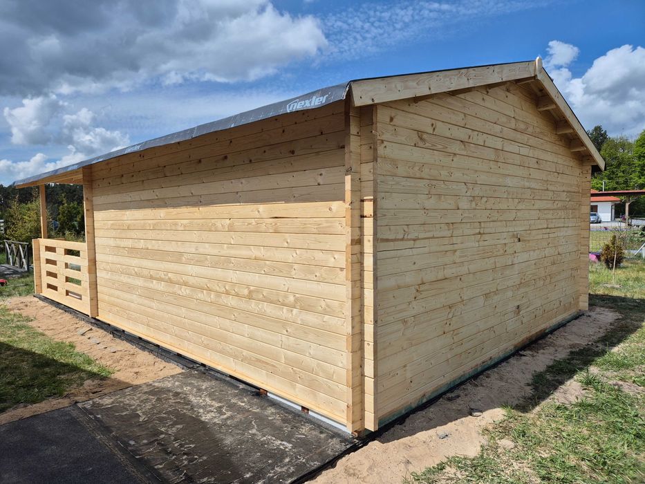 piękny MASYWNY domek drewniany + TARAS* 8m x 5m*40 m2*SCIANY aż 45 mm