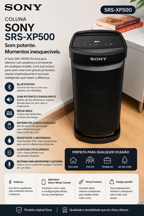 Sony SRS-XP500 – Como Nova | Mega Bass | Bluetooth | 20h de Bateria