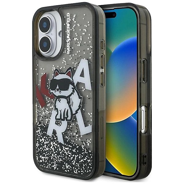 Etui Karl Lagerfeld Liquid Glitter Choupette Logo na iPhone 16 - czarn