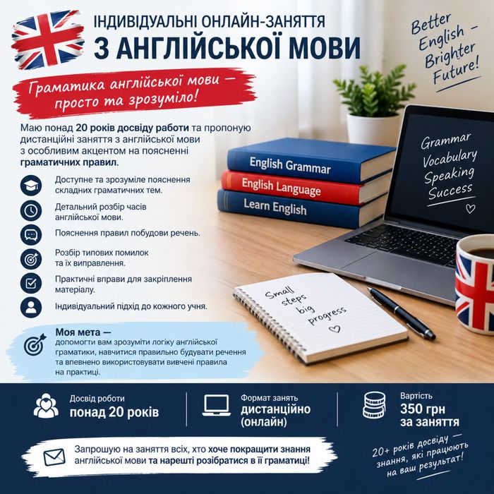 ІНДИВІДУАЛЬНІ ОНЛАЙН-ЗАНЯТТЯ З АНГЛІЙСЬКОЇ МОВИ. Граматика англійської мови — просто та зрозуміло!