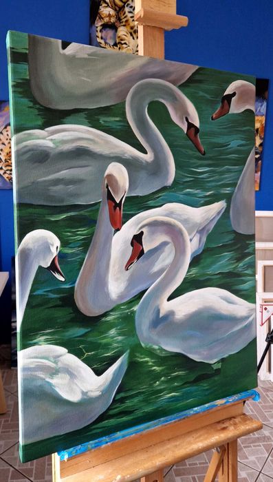 Białe łabędzie, duży obraz do salonu, ręcznie malowany 60x80cm