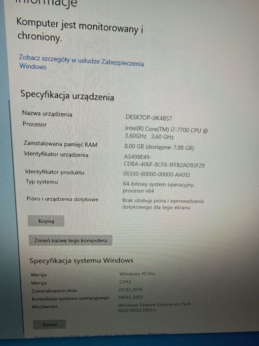 Komputer biurowy HP Elitedesk 800 G3 Intel Core i7 8GB ram
