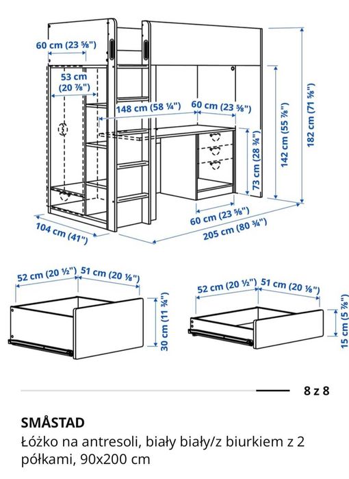 Łóżko piętrowe IKEA SMÅSTAD – komplet z biurkiem, szafą i regałem
