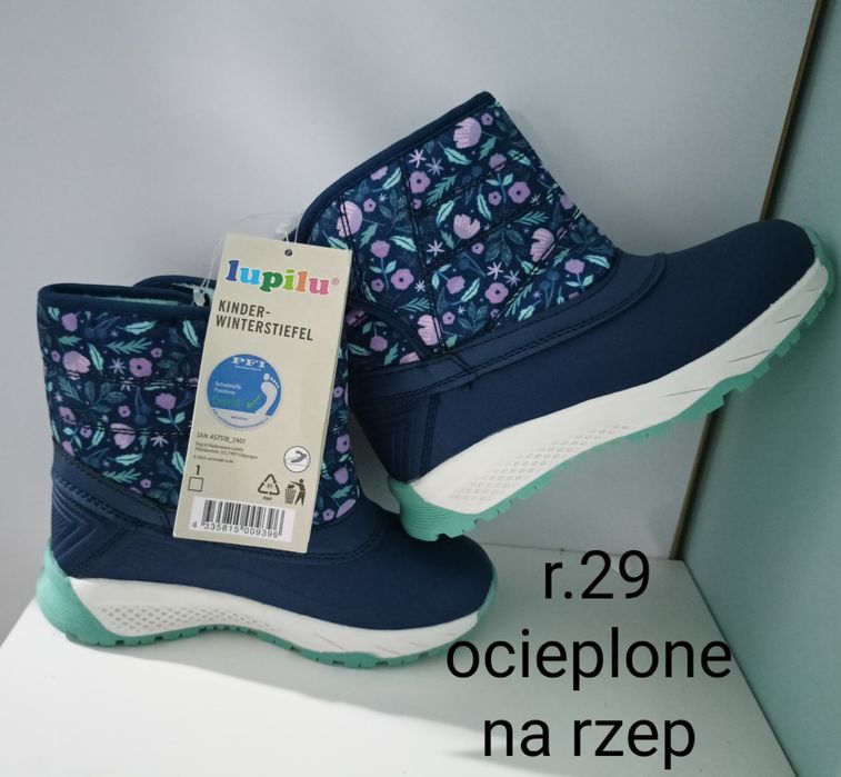 Wodoodporne śniegowce 29 gumowe buty zimowe kozaki ocieplone na rzep