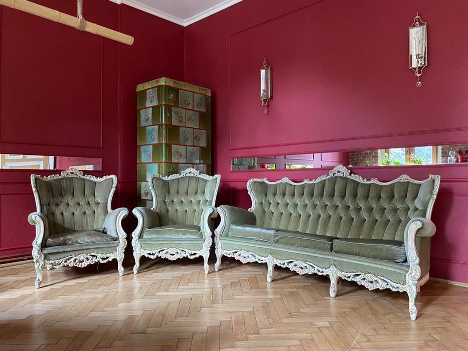 Komplet ecru ludwikowski zielony stylowy sofa Ludwik