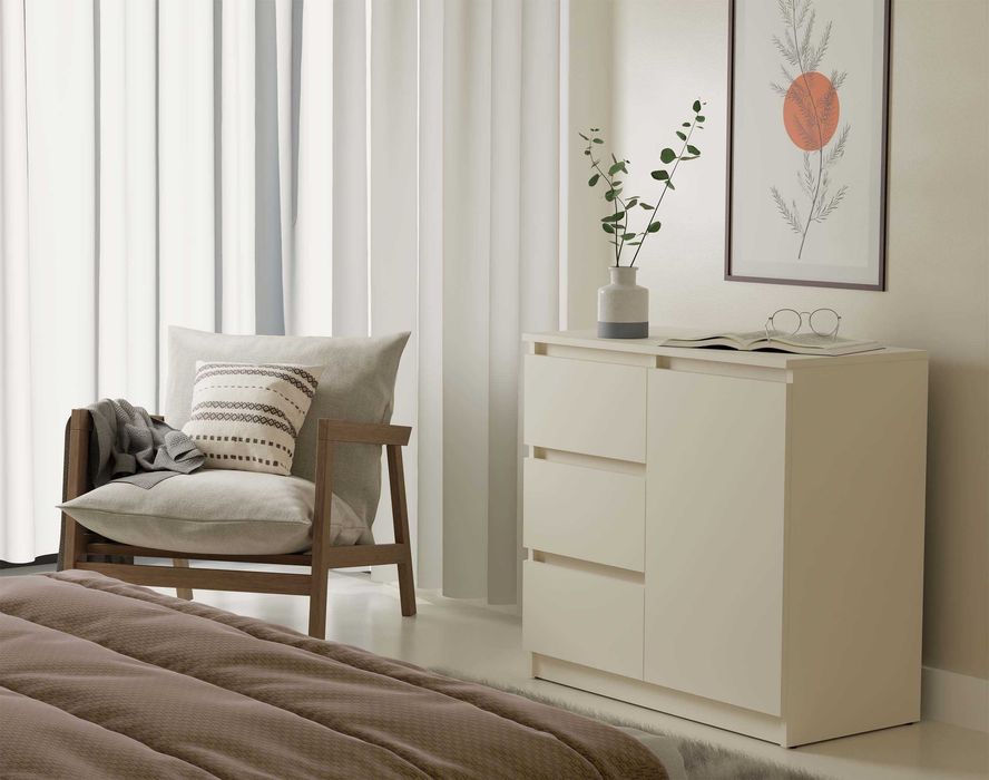 KOMODA Malwa 1D3S Szafka 1 Drzwi 3 Szuflady do Salonu Kaszmir Beż