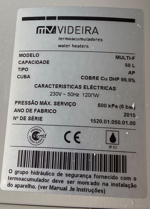 Termoacumulador  VIDEIRA. 50L/Cobre