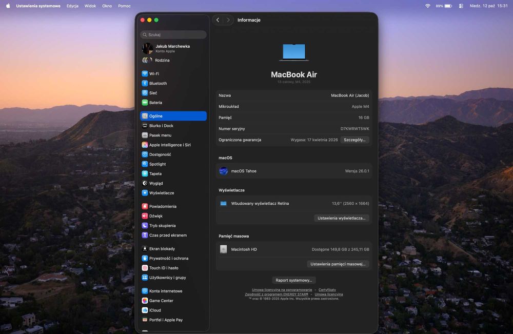 MacBook Air 13" M4 16 GB RAM, 256 GB, 100% bateria, Gwarancja