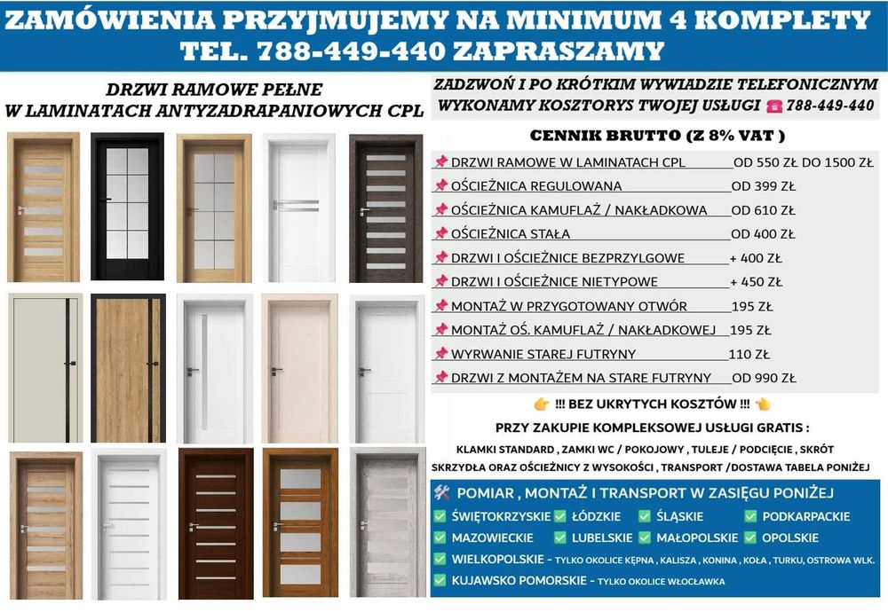 DRZWI WEWNĘTRZNE - Sprzedaż , Montaż , Ościeżnice Regulowane !