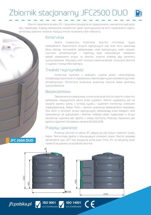 Dwupłaszczowy zbiornik na olej napędowy paliwo JFC 2500 DUO