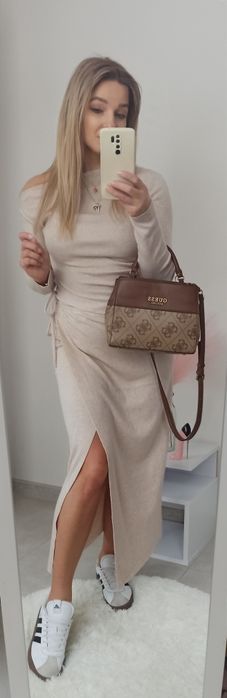 Zara komplet z wiskozą s 36 top spódnica beżowy