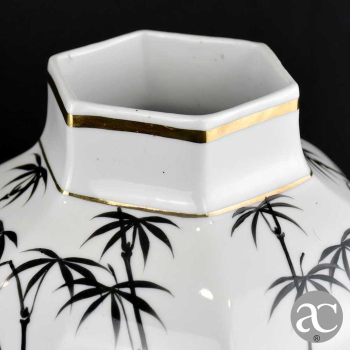 Par de potes hexagonais com tampa porcelana Artibus, decoração bambu